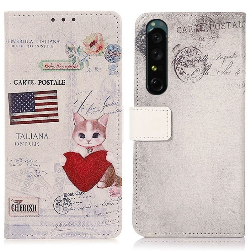 Capa Em Pele Para Sony Xperia 1 IV Gato Viajante