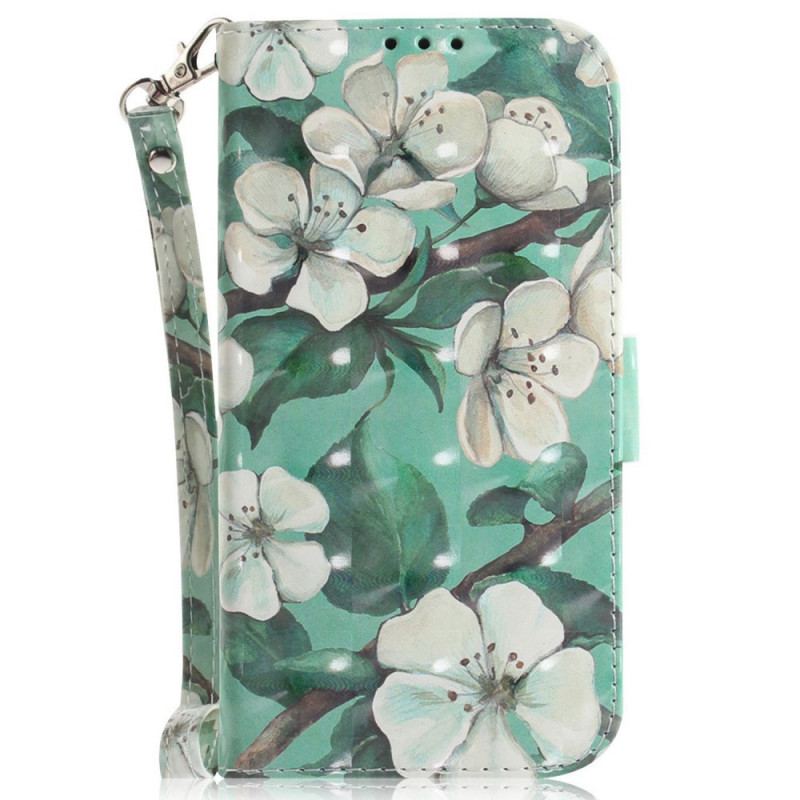 Capa Flip Para Sony Xperia 1 IV De Cordão Flores Brancas Com Tiras