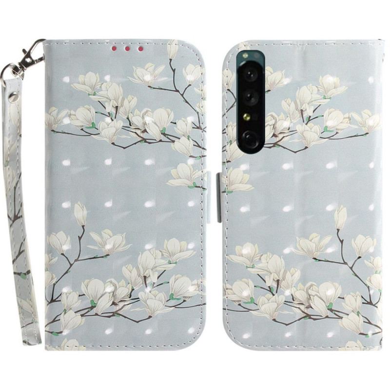 Capa Flip Para Sony Xperia 1 IV De Cordão Flores Brancas Com Tiras