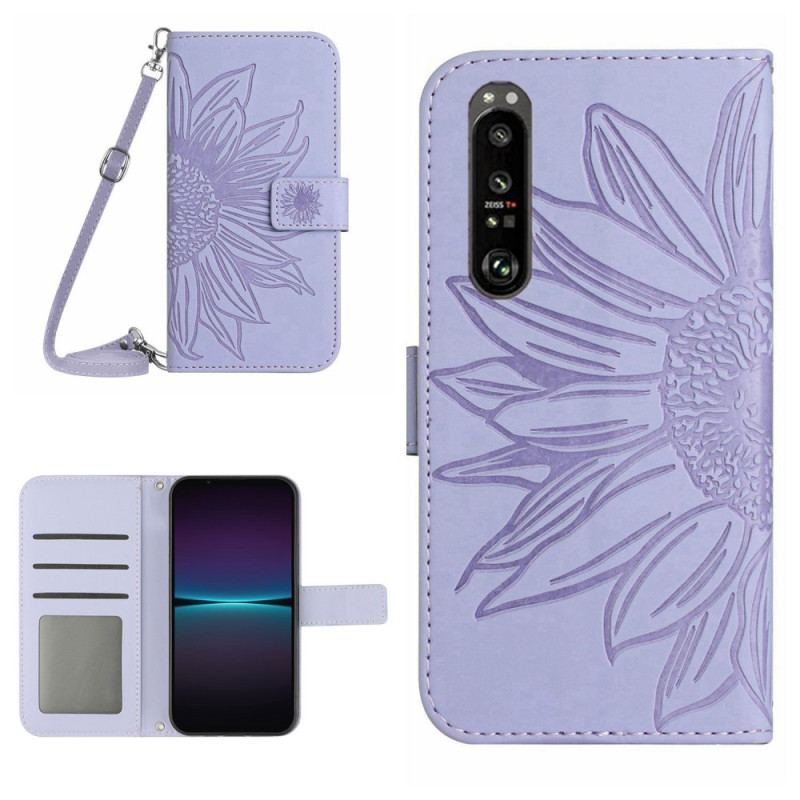 Capa Flip Para Sony Xperia 1 IV Girassol E Alça De Ombro