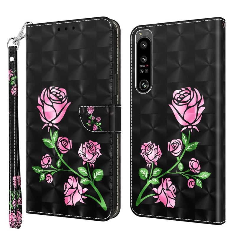 Capa Flip Para Sony Xperia 1 IV Rosas Com Cordão