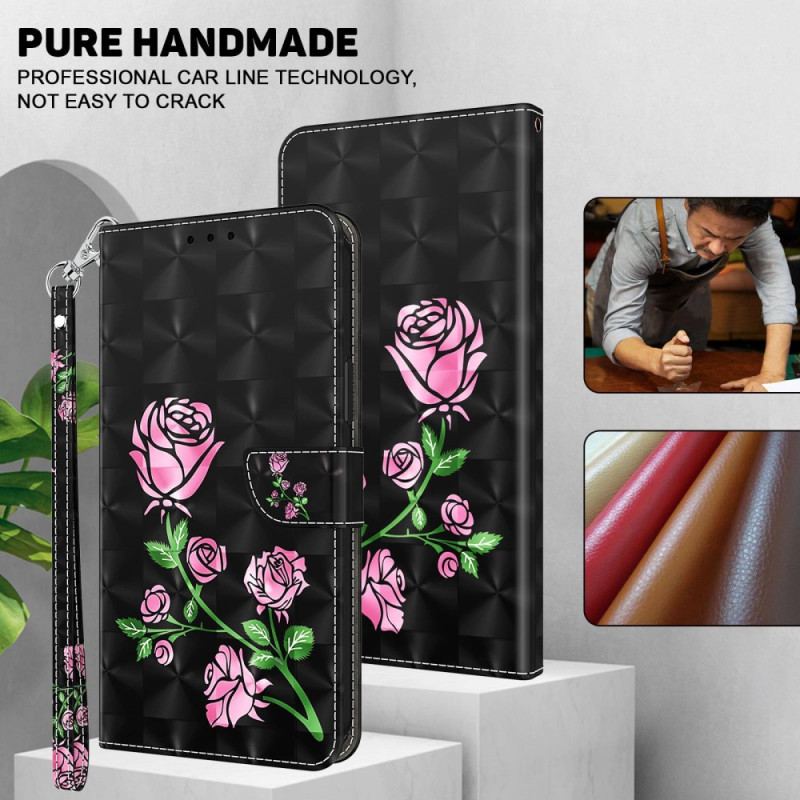 Capa Flip Para Sony Xperia 1 IV Rosas Com Cordão