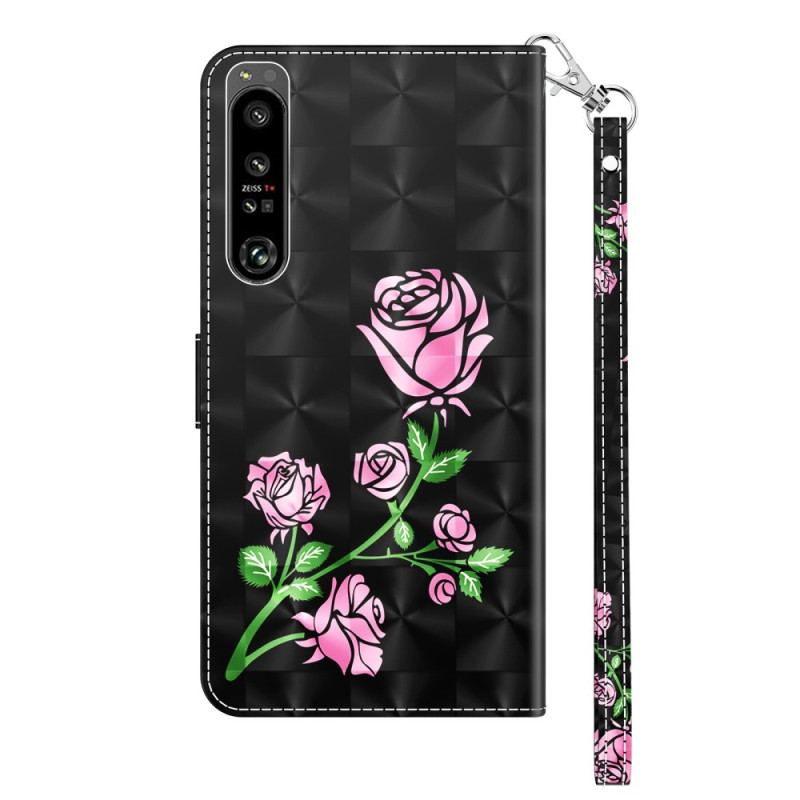 Capa Flip Para Sony Xperia 1 IV Rosas Com Cordão