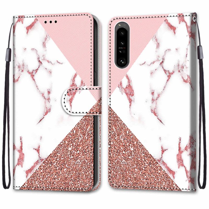 Capa Flip Para Sony Xperia 1 IV Triângulo De Mármore E Glitter