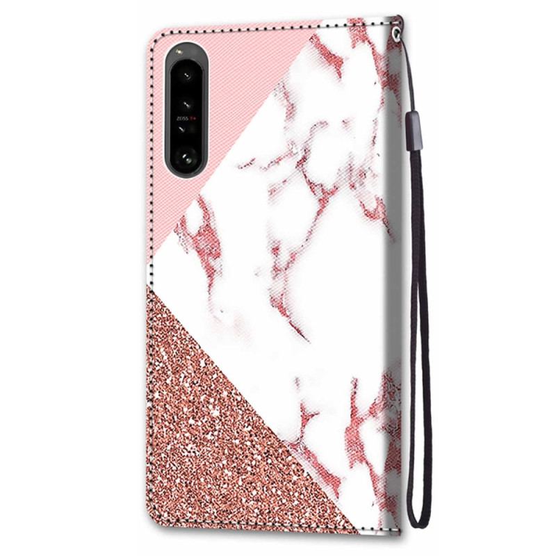 Capa Flip Para Sony Xperia 1 IV Triângulo De Mármore E Glitter