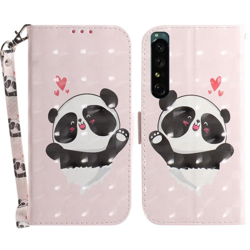 Capa Folio Para Sony Xperia 1 IV De Cordão Pequeno Panda Com Alça