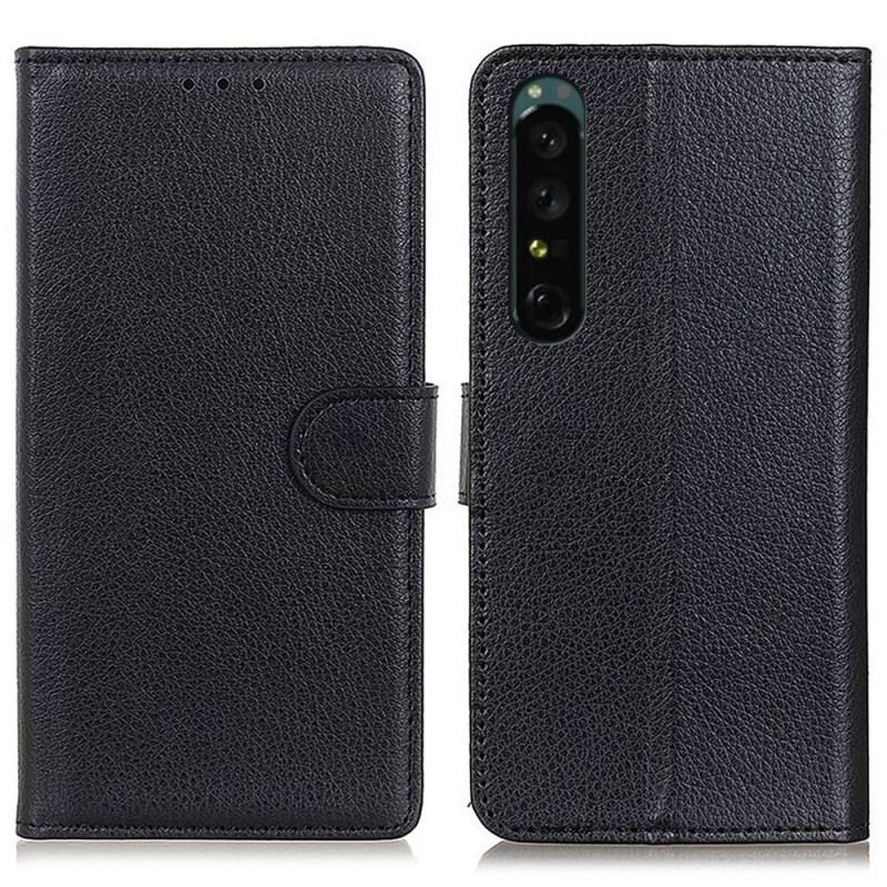 Capa Folio Para Sony Xperia 1 IV Couro Sintético De Lichia Tradicional