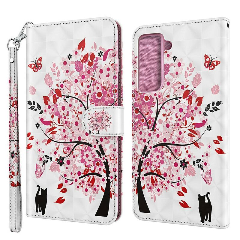 Capa De Couro Para Samsung Galaxy S21 FE Árvore Rosa