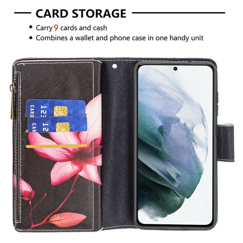 Capa De Couro Para Samsung Galaxy S21 FE Bolso Com Zíper Flor