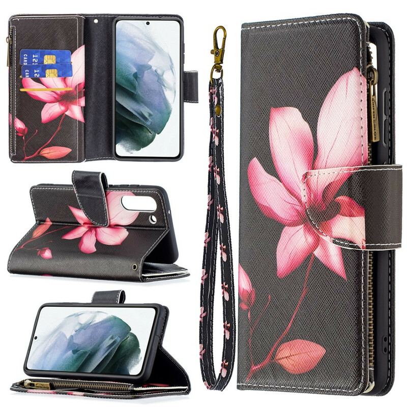 Capa De Couro Para Samsung Galaxy S21 FE Bolso Com Zíper Flor