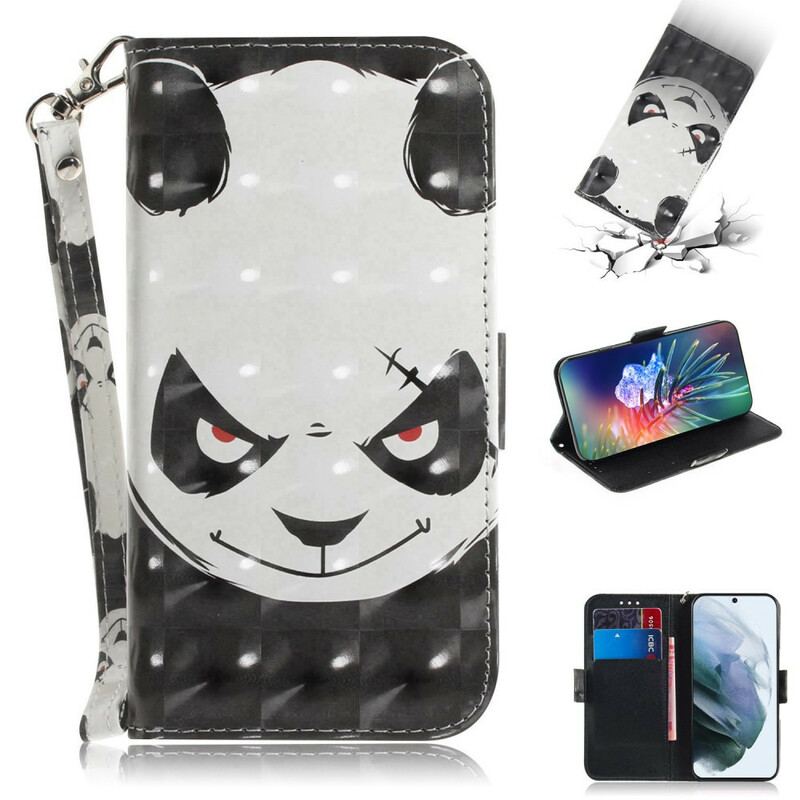 Capa De Couro Para Samsung Galaxy S21 FE De Cordão Panda Irritado Com Cordão