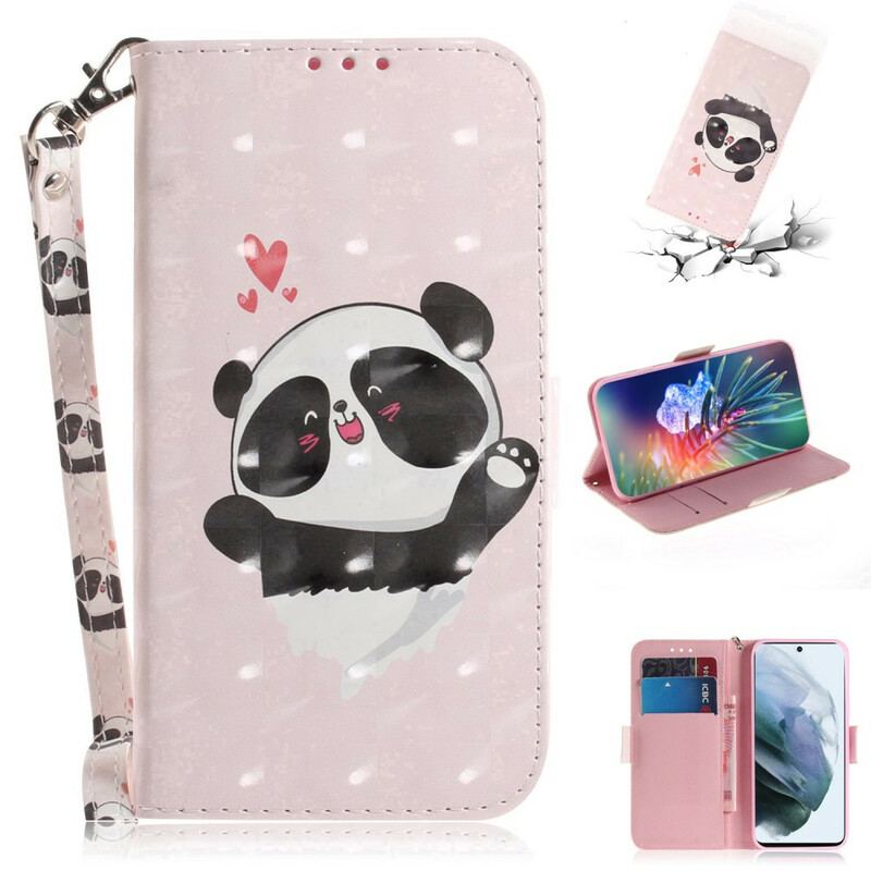 Capa De Couro Para Samsung Galaxy S21 FE De Cordão Panda Love Com Cordão