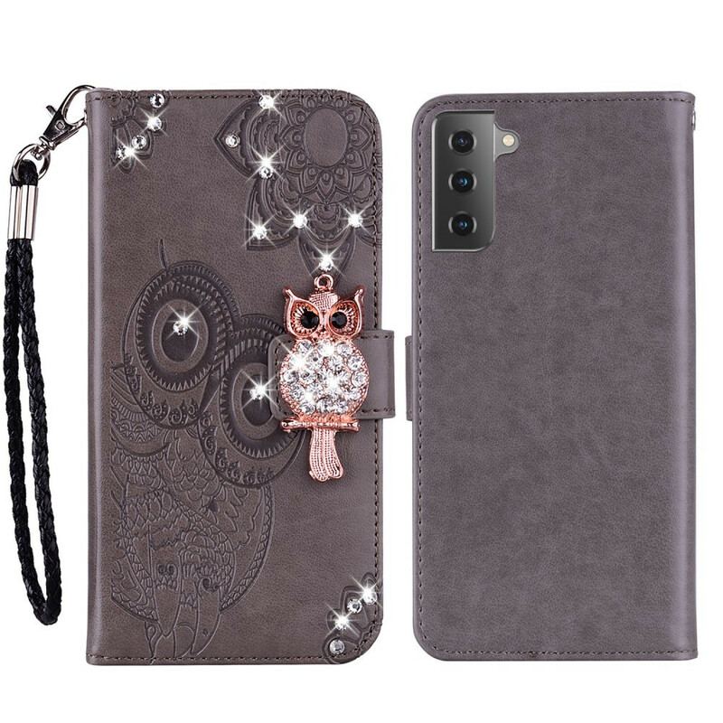 Capa De Couro Para Samsung Galaxy S21 FE Coruja Mandala E Charme