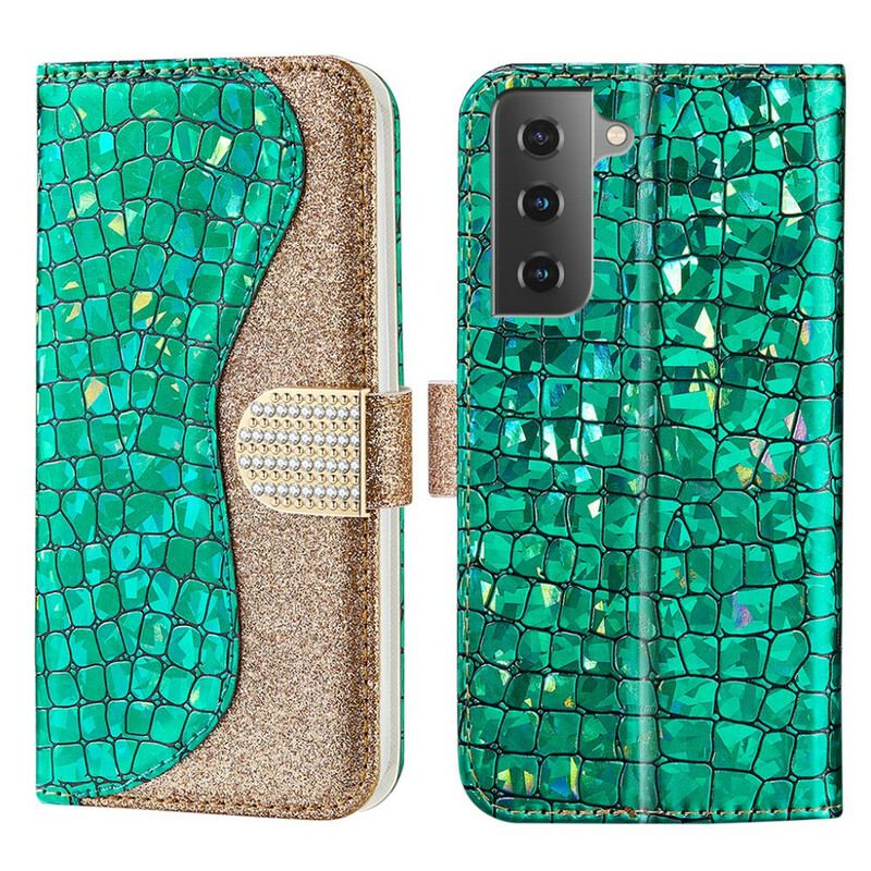 Capa De Couro Para Samsung Galaxy S21 FE Diamantes De Crocodilo