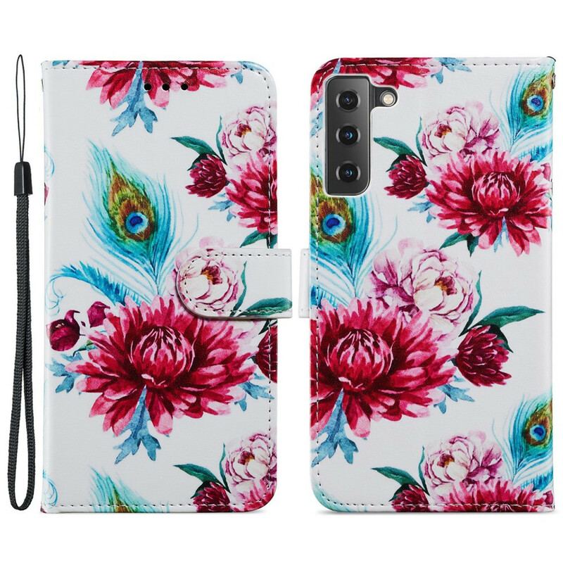 Capa De Couro Para Samsung Galaxy S21 FE Flores Intensas