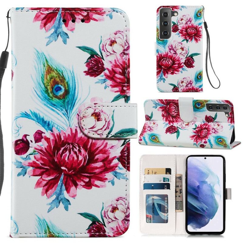 Capa De Couro Para Samsung Galaxy S21 FE Flores Intensas