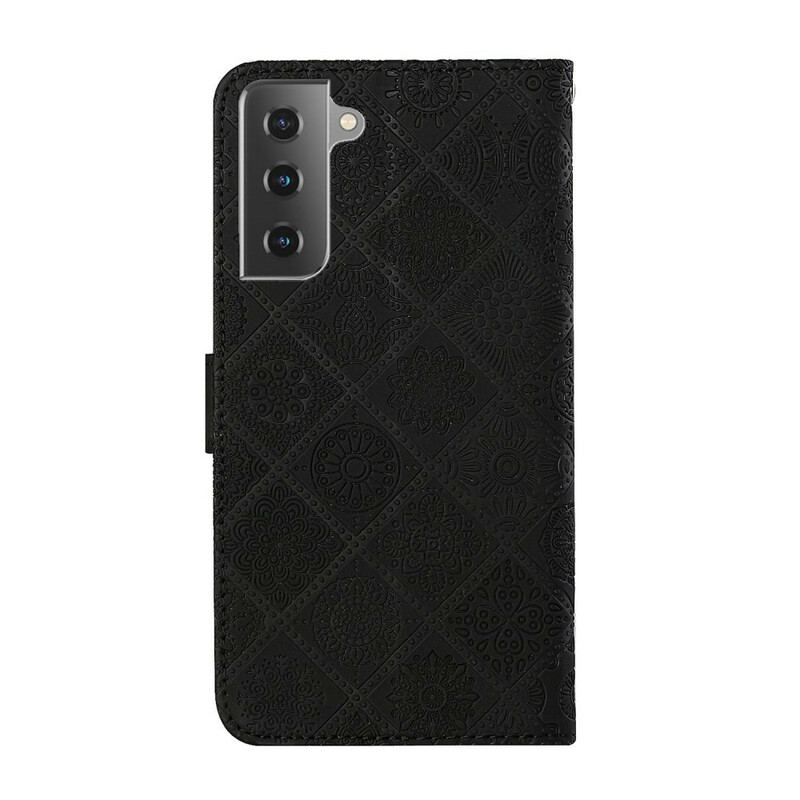 Capa De Couro Para Samsung Galaxy S21 FE Padrão De Tapeçaria