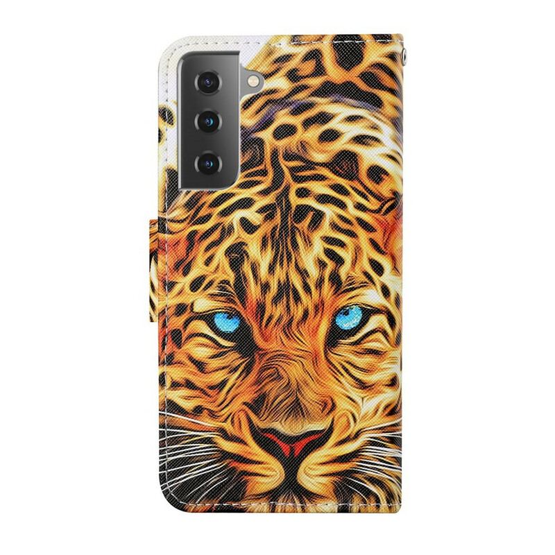 Capa De Couro Para Samsung Galaxy S21 FE Tigre Com Cordão