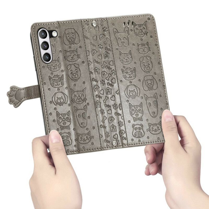 Capa Em Pele Para Samsung Galaxy S21 FE Animais Animados