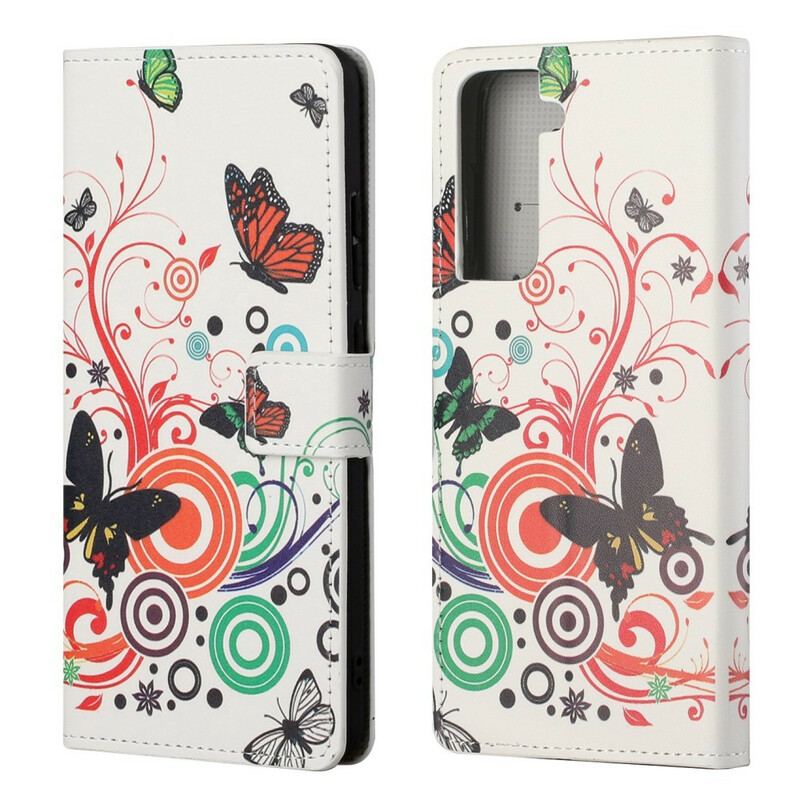 Capa Em Pele Para Samsung Galaxy S21 FE Borboletas E Flores