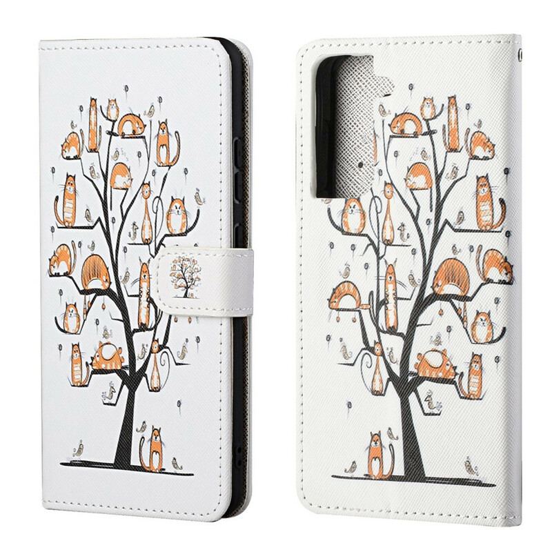 Capa Em Pele Para Samsung Galaxy S21 FE De Cordão Gatos Divertidos Com Alça