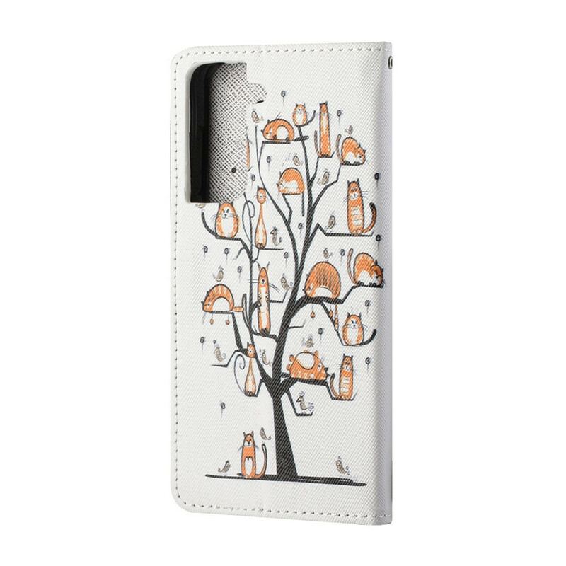 Capa Em Pele Para Samsung Galaxy S21 FE De Cordão Gatos Divertidos Com Alça