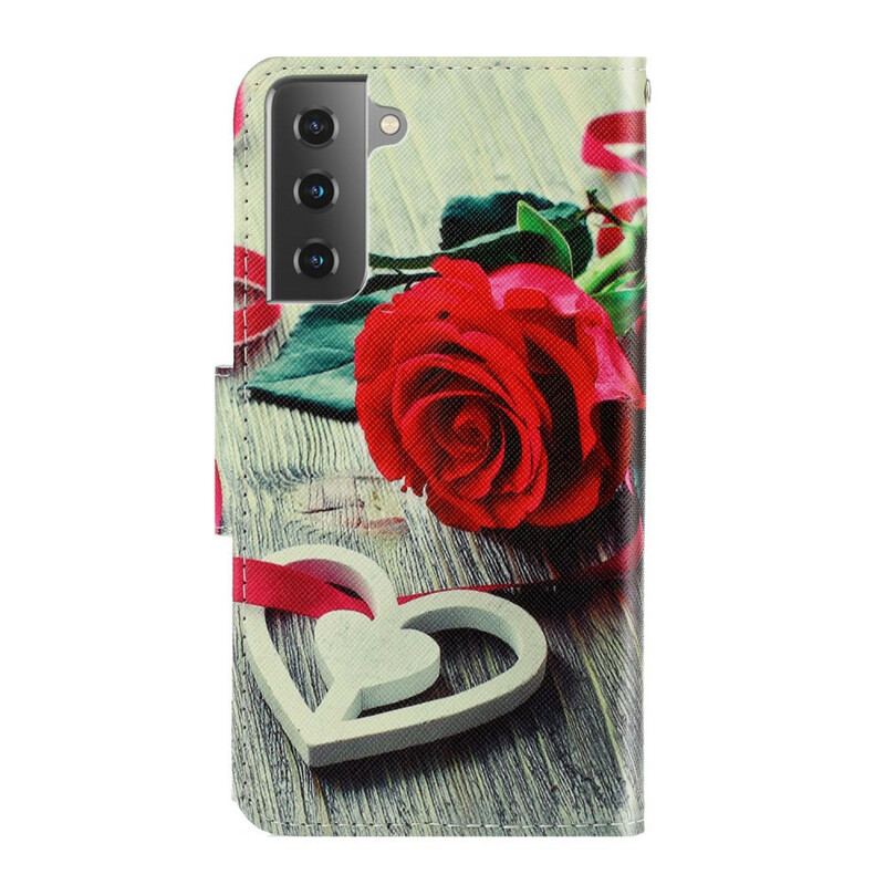 Capa Em Pele Para Samsung Galaxy S21 FE De Cordão Rosa Romântica Com Alça