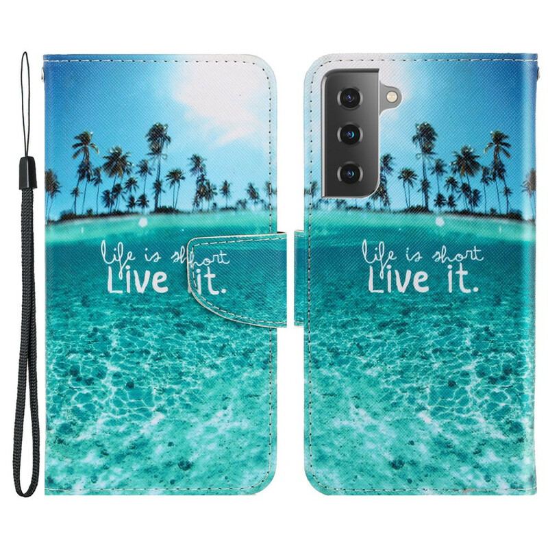 Capa Em Pele Para Samsung Galaxy S21 FE De Cordão Viva Na Lanyard