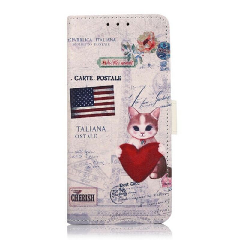 Capa Em Pele Para Samsung Galaxy S21 FE Gato Viajante