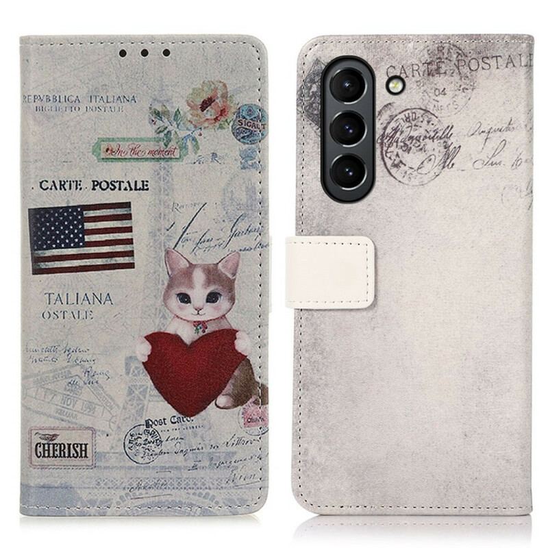 Capa Em Pele Para Samsung Galaxy S21 FE Gato Viajante