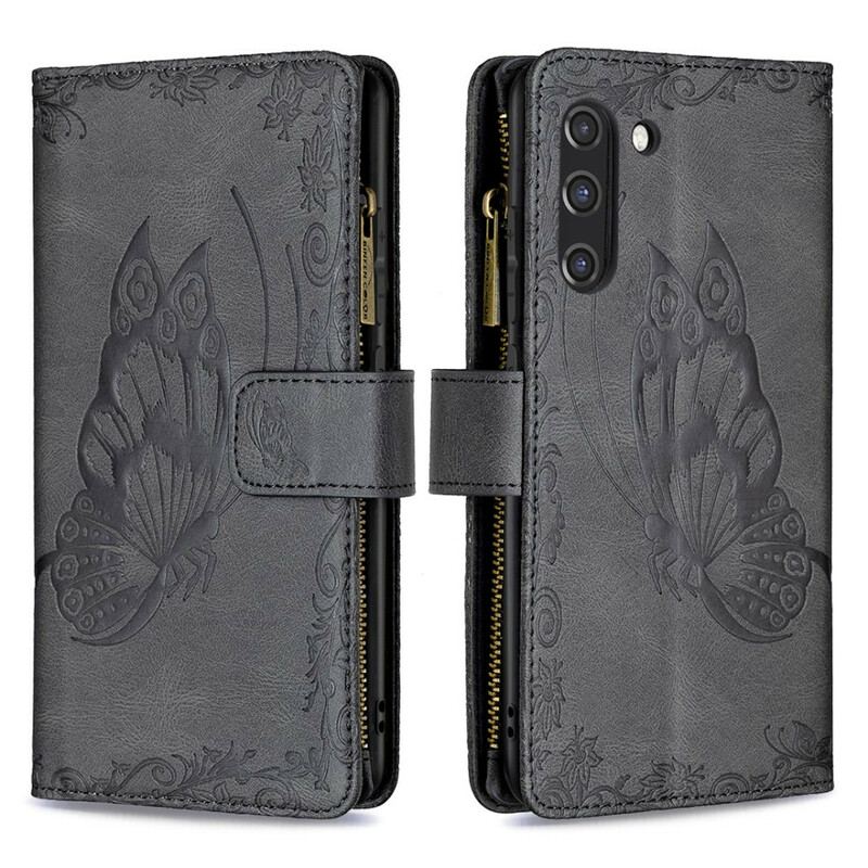 Capa Flip Para Samsung Galaxy S21 FE Bolso Com Zíper Barroco Borboleta