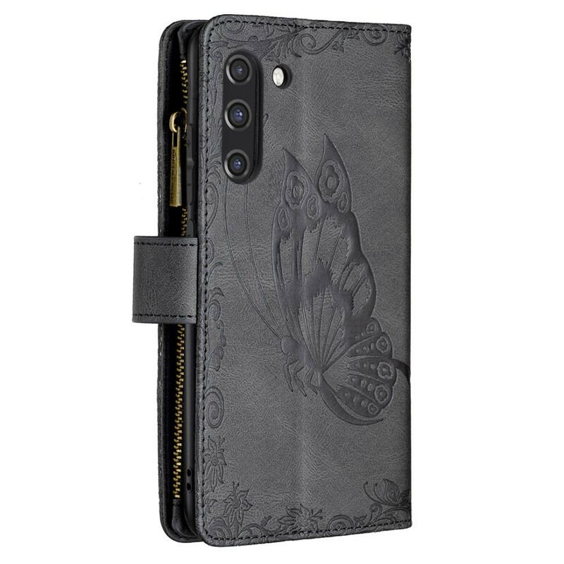 Capa Flip Para Samsung Galaxy S21 FE Bolso Com Zíper Barroco Borboleta