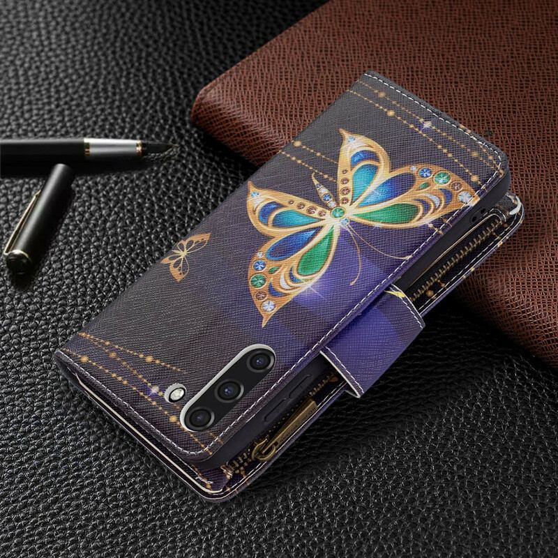 Capa Flip Para Samsung Galaxy S21 FE Bolso Com Zíper De Borboletas