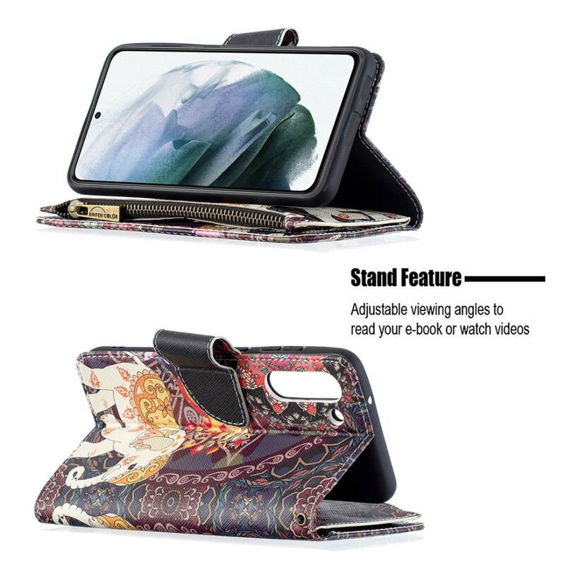 Capa Flip Para Samsung Galaxy S21 FE Bolso Elefante Com Zíper