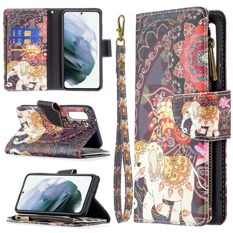 Capa Flip Para Samsung Galaxy S21 FE Bolso Elefante Com Zíper