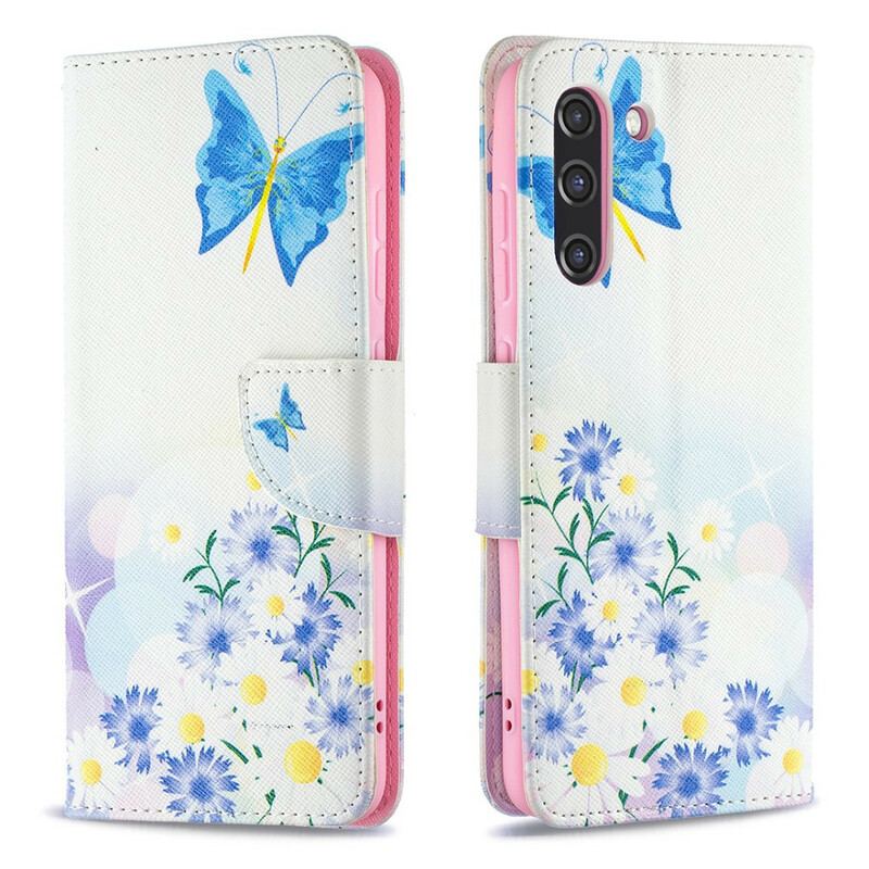 Capa Flip Para Samsung Galaxy S21 FE Borboletas E Flores Pintadas