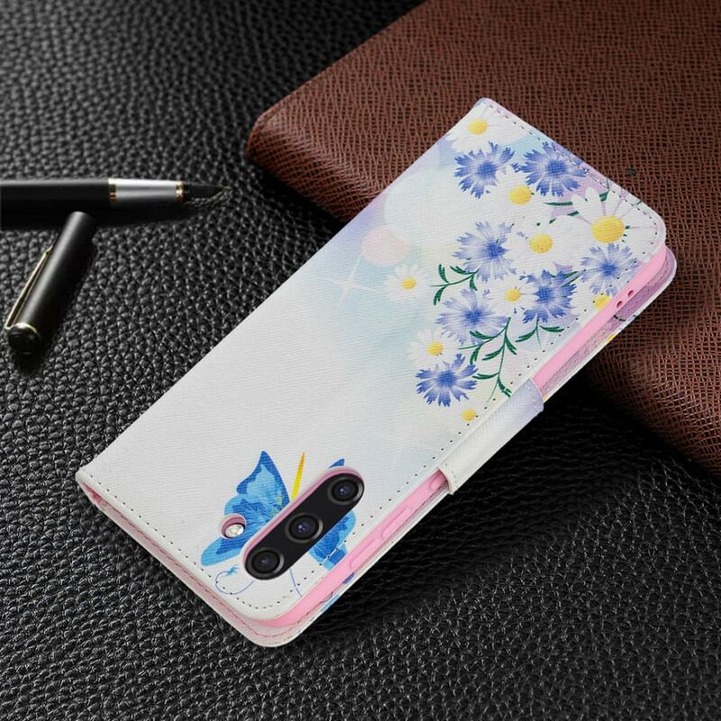 Capa Flip Para Samsung Galaxy S21 FE Borboletas E Flores Pintadas