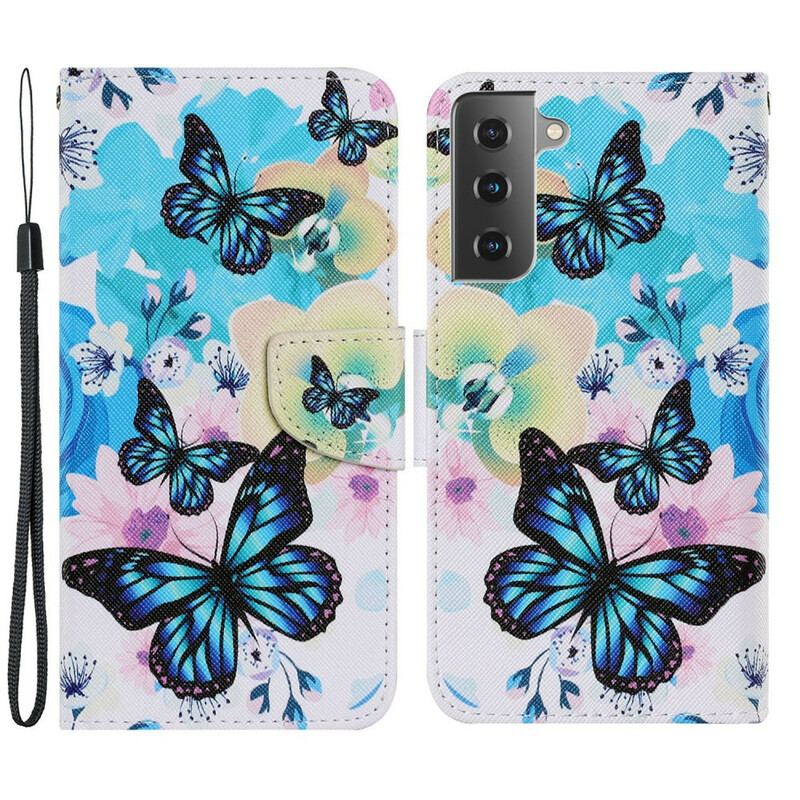 Capa Flip Para Samsung Galaxy S21 FE Borboletas E Flores De Verão