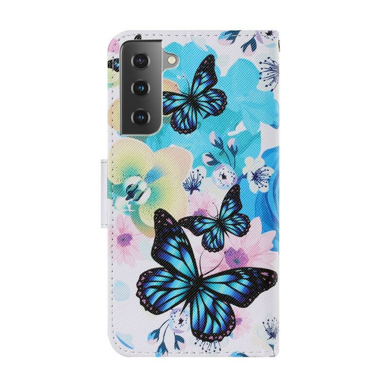 Capa Flip Para Samsung Galaxy S21 FE Borboletas E Flores De Verão