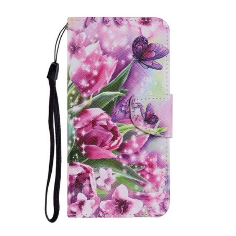 Capa Flip Para Samsung Galaxy S21 FE Borboletas E Tulipas