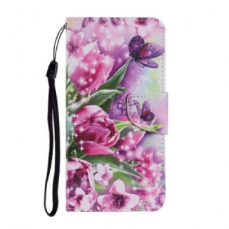 Capa Flip Para Samsung Galaxy S21 FE Borboletas E Tulipas