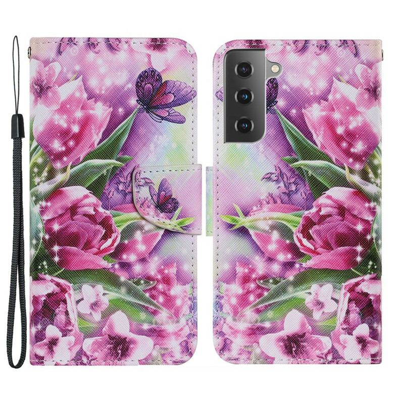 Capa Flip Para Samsung Galaxy S21 FE Borboletas E Tulipas