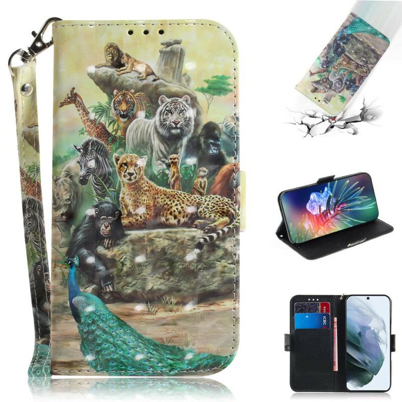 Capa Flip Para Samsung Galaxy S21 FE De Cordão Animais De Safári Tanga