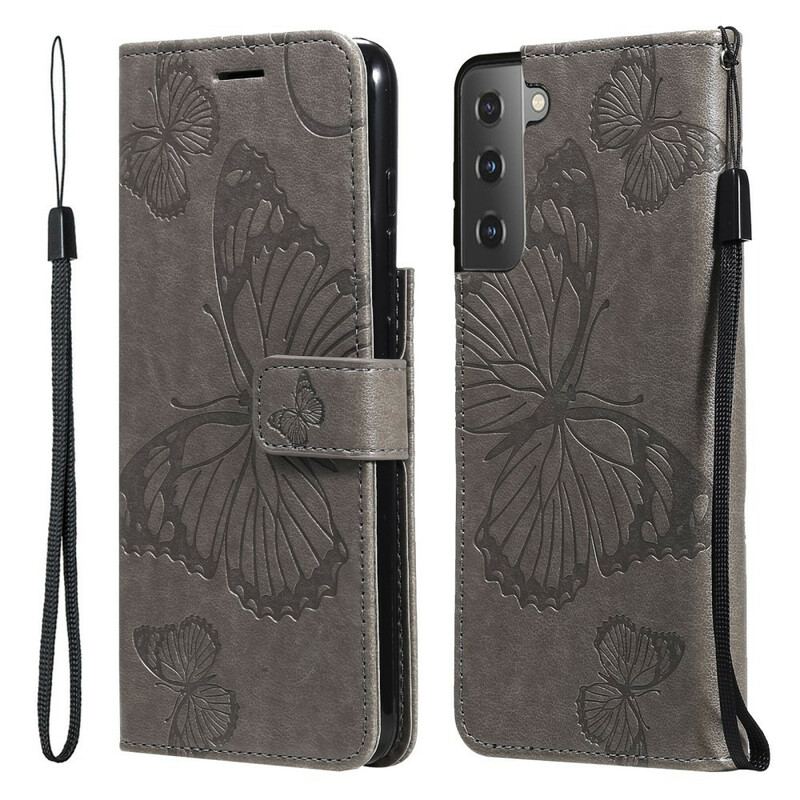 Capa Flip Para Samsung Galaxy S21 FE De Cordão Borboletas Gigantes