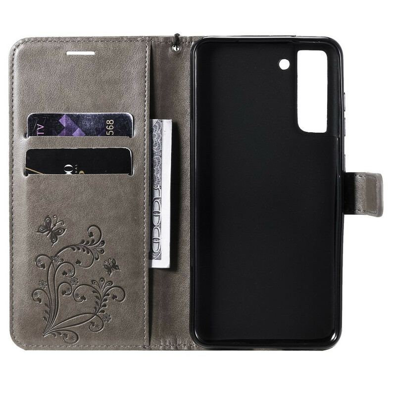 Capa Flip Para Samsung Galaxy S21 FE De Cordão Borboletas Gigantes