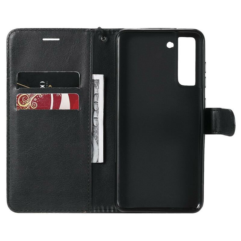 Capa Flip Para Samsung Galaxy S21 FE De Cordão Efeito De Couro Com Tiras