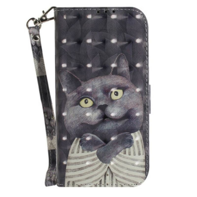 Capa Flip Para Samsung Galaxy S21 FE De Cordão Gato Cinzento Com Alça