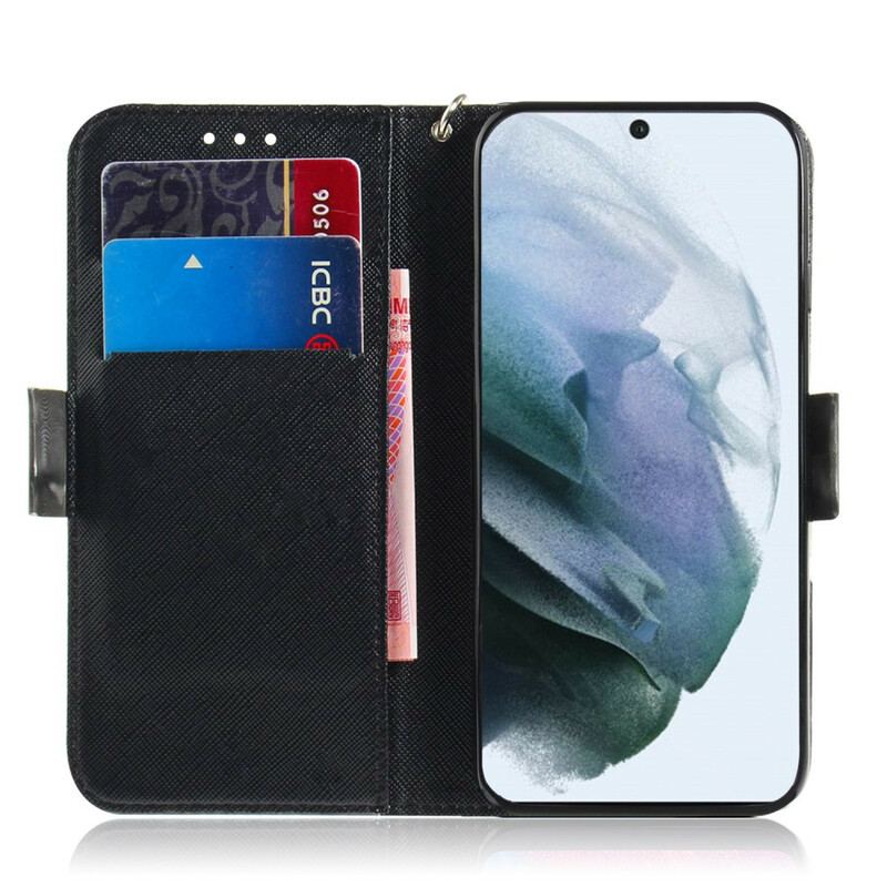 Capa Flip Para Samsung Galaxy S21 FE De Cordão Gato Cinzento Com Alça