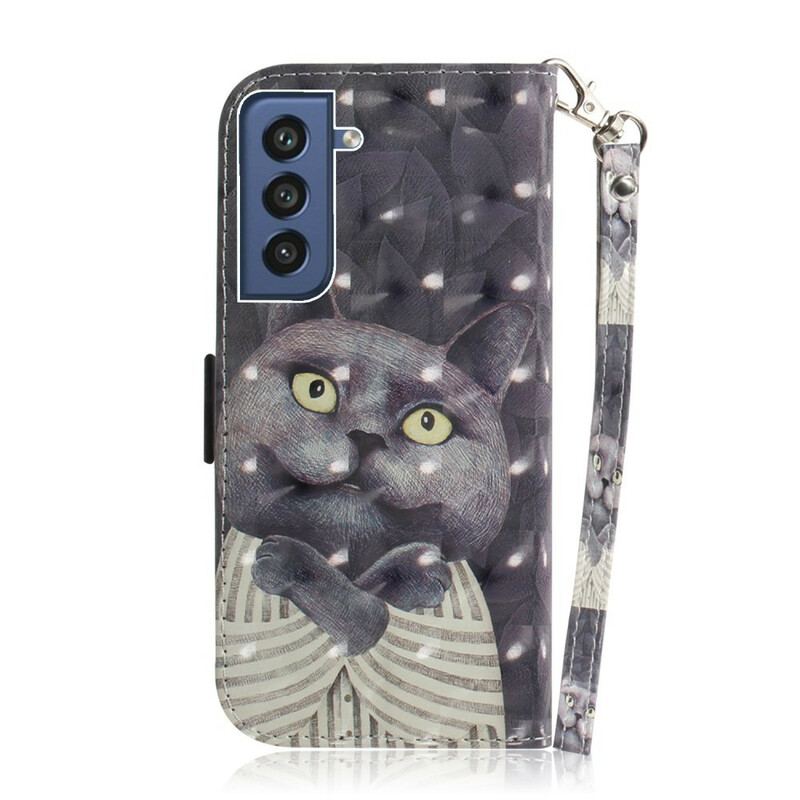 Capa Flip Para Samsung Galaxy S21 FE De Cordão Gato Cinzento Com Alça