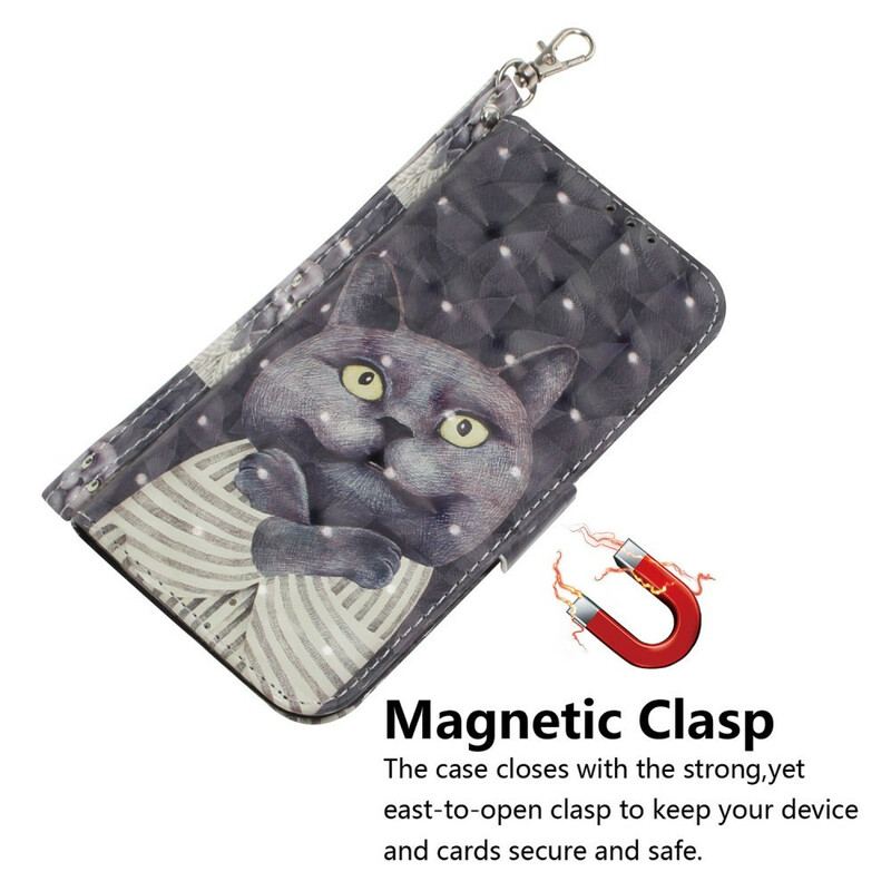 Capa Flip Para Samsung Galaxy S21 FE De Cordão Gato Cinzento Com Alça